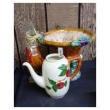 Franciscan Apple Teapot, Figural Rooster Bottle, and Decorative Planter