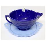 Vintage Bauer Pottery Pitcher and Blue Milkglass Serving Tray