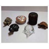 Turtle Figurine Collection with Kaiser Dish and Black Carved Trinket Box