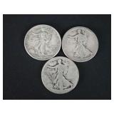 (3) WALKER HALF DOLLAR COINS - 2 NO VISIBLE DATES