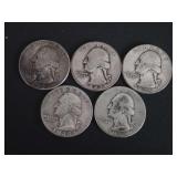 (5) WASHINGTON QUARTERS - 90% SILVER