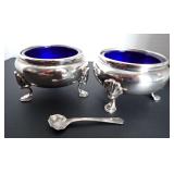 (2) STERLING INDIVIDUAL SALTS W/COBALT INSERTS & (1) MINIATURE STERLING SPOON