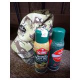 Lot of Camo Hats and Kiwi Water Repellent Spray