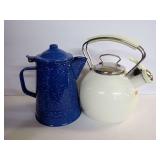 Blue Speckled Enamelware Coffee Percolator and White Tea Kettle