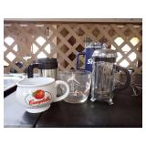 Collection of Coffee and Soup Mugs, Glassware, and French Press