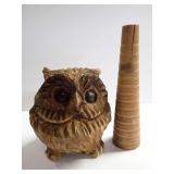 Hand Carved Wooden Owl and Textile Spool