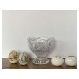 SHANNON CRYSTAL BY GODINGER PEDESTAL CANDY DISH "FREEDOM" 5 1/2" TALL X 6" ROUND & 4 PORCELAIN CHINA EGGS