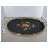 VINTAGE BRASS/WOOD OVAL HAND PAINTED SERVING TRAY W/ HANDLES 20 1/2" LONG X 12" WIDE