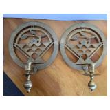 PAIR SOLID BRASS VINTAGE ASIAN LOTUS FLOWER GEOMETRIC ABSTRACT DESIGN WALL SCONCES/CANDLE STICK HOLDERS 8 1/2" ROUND