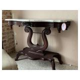 VICTORIAN MAHOGANY LYRE HARP WALL TABLE W/ ITALIAN MARBLE TOP W/ ROSE CARVINGS (EXCELLENT CONDITION) 29" TALL X 40" WIDE X 18" DEEP