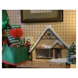 LARGE LIGHTED SNOW VILLAGE COTTAGE & NEW ELF HAT