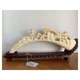 VINTAGE CHINESE COMPOSITE TUSK CARVED VILLAGE ON STAND 18" LONG X 8" TALL