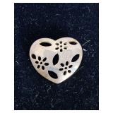 VINTAGE LARGE PRECO SIGNED SILVERTONE HEART BROOCH (HEART IS ACCENTED WITH INTRICATE CUTOUT FLOWERS & LEAVES) - CHECKOUT