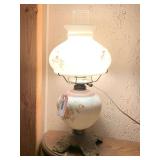 VINTAGE WHITE FLORAL SATIN HURRICANE LAMP ON BRASS BASE 18 3/4" TALL X 8" WIDE