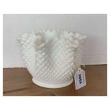 VINTAGE WESTMORELAND WHITE MILK GLASS HOBNAIL FLUTED TOP VASE 8" WIDE X 5 1/2" TALL