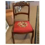 ANTIQUE BEAUTIFUL MAHOGANY HAND CARVED SIDE CHAIR WITH NEEDLEPOINT FLORAL SEAT 33" TALL X 17 3/4" WIDE X 15" DEEP