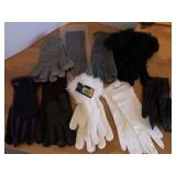 BASKET FULL OF LADIES GLOVES (SOME LEATHER) & FAUX FUR COLLARS