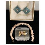 VINTAGE PINK SHELL CHIP BRACELET, 1928 JEWELRY BROOCH WITH PINK PORCELAIN ROSE & DROP PEARL & PAIR LONGHORN BLUE ENAMEL PIERCED EARRINGS - CHECKOUT