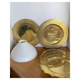 MILK GLASS LAMP SHADE & 6 METAL CHARGERS