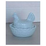 VINTAGE BABY BLUE CHINA CHICKEN HEN ON BASKET 2 7/8" LONG X 1 7/8" WIDE X 2 1/2" TALL