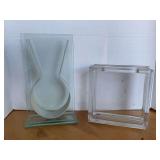 AUTHENTIC MOMA SQUARE RIBBON VASE 11" TALL X 6" WIDE & 7 1/2" SQUARE GLASS BLOCK