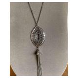 LONG SILVERTONE CHAIN W/ FILIGREE PENDANT W/ TASSEL 26" LONG - CHECKOUT