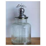LARGE LIGHT GREEN GLASS CANISTER W/ SILVERTONE APPLE LID 13" TALL X 6 1/2" ROUND