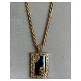 VINTAGE GOLD TONE CHAIN W/ BLACK FAUX (LUCITE) RECTANGLE STONE W/ MARCASITE STONES 24" LONG - CHECKOUT