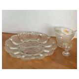 VINTAGE ANCHOR HOCKING EGG DISH, VINTAGE JEANNETTE "IRIS" HERRINGBONE CREAMER & ART DECO EYE CUP