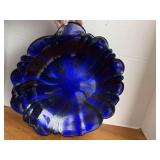 LARGE COBALT BLUE GLASS SERVING TRAY 14 1/2" ROUND