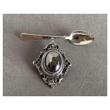 VINTAGE MINIATURE SILVERTONE SPOON BROOCH & VINTAGE SARAH COVENTRY HEMATITE CABOCHON BROOCH/PENDANT - CHECKOUT