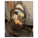 DECORATIVE TWIG WALL HANGING BASKET 22" LONG X 14" WIDE, 24" NEW WOOD OVAL & SMALL WOOD/CANE BOX 4" SQUARE X 4 3/4" TALL