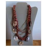 8 MULTI STRAND BROWN BEADED NECKLACE W/ WOOD & GLASS BEADS & 7 ABALONE SHELL DISC BEADS 18" LONG - CHECKOUT