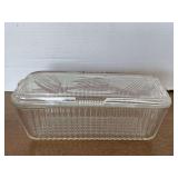 VINTAGE MEDIUM HAZEL ATLAS REFRIGERATOR DISH W/ VEGETABLE EMBOSSED LID 8 3/4" LONG X 4" WIDE X 3 1/2" TALL