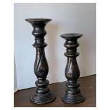 PAIR DARK WOOD CARVED PILLAR CANDLE STICKS 14 7/8" TALL, 12" TALL