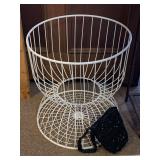 EXTRA LARGE WHITE METAL BASKET 17 3/4" ROUND X 19 1/4" TALL & BLACK BEADED EVENING PURSE (MISSING BEADS)