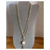 STUNNING VINTAGE MULTI CHAIN GOLD TONE NECKLACE W/ LARGE CHAMPAGNE FAUX PEARL TASSEL 22" LONG - CHECKOUT