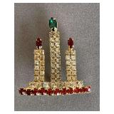 BEAUTIFUL VINTAGE GOLD TONE PRONG SET RHINESTONE CHRISTMAS CANDLE BROOCH - CHECKOUT