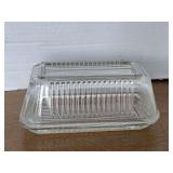 VINTAGE RIBBED GLASS COVERED BUTTER DISH 7" LONG X 3 3/4" WIDE X 2 7/8" TALL