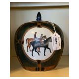 VINTAGE LARGE EQUESTRIAN CERAMIC URN 10" TALL X 9" ROUND