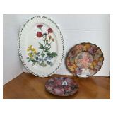 2 DECORATIVE GLASS FLORAL PLATES, MIKASA "MAXIMA" PLATTER 14" X 10 3/4"