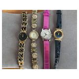 VINTAGE BLACK/GOLD WATCH, JENNIE B CHARM WATCH, GG WATCH WITH PINK METALLIC BAND, GITANO GOLD TONE WATCH WITH LEATHER BAND - CHECKOUT
