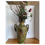 TALL POTTERY VASE W/ PARROT & GRAPE DESIGN WITH FLORAL ARRANGEMENT (VASE 16" TALL)