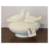 ANTIQUE WESTMORELAND WHITE MILK GLASS LOVE BIRDS COVERED CANDY DISH 7" LONG X 5 1/2" TALL X 5" WIDE