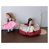 2 VINTAGE MADAME ALEXANDER DOLLS 8" TALL - GOLDILOCKS & MARME (NEEDS REPAIR) & 1 DOLL STAND