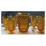 VINTAGE INDIANA GLASS "WHITE HALL CUBIST" AMBER - WATER PITCHER & 6 WATER GLASSES