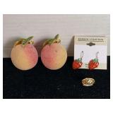 2 PEACH BROOCHES, PAIR ENAMEL STRAWBERRY PIERCED EARRINGS & DOGWOOD FESTIVAL LAPEL PIN - CHECKOUT