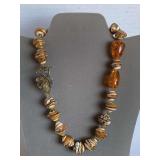 TOGGLE LEAF CLASP ON NECKLACE OF GLASS HAND PAINTED SHELLS W/ 2 FAUX AMBER ACCENTS 16" CHOKER - CHECKOUT