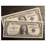 TWO 1957B $1 BLUE SEAL SILVER CERTIFICATES (VERY CRISP) - SERIAL NO X93139714A, X93130715A