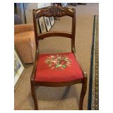 ANTIQUE BEAUTIFUL MAHOGANY HAND CARVED SIDE CHAIR WITH NEEDLEPOINT FLORAL SEAT 33" TALL X 17 3/4" WIDE X 15" DEEP